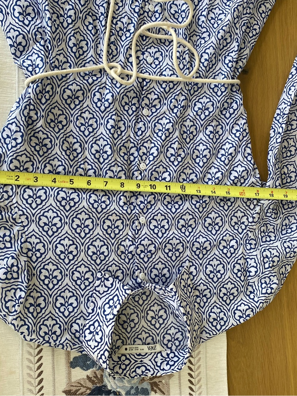 ZARA Blue and White Geometric Tile Print Mini Dress with Rope Belt - Size S - Picture 7 of 8